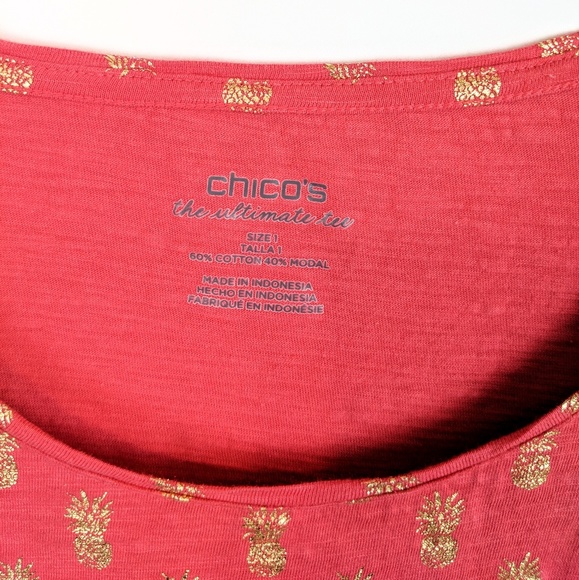 🍍CHICO’S Coral & Gold Metallic Pineapple Slub Knit Tee Chico's 1 - Picture 5 of 8